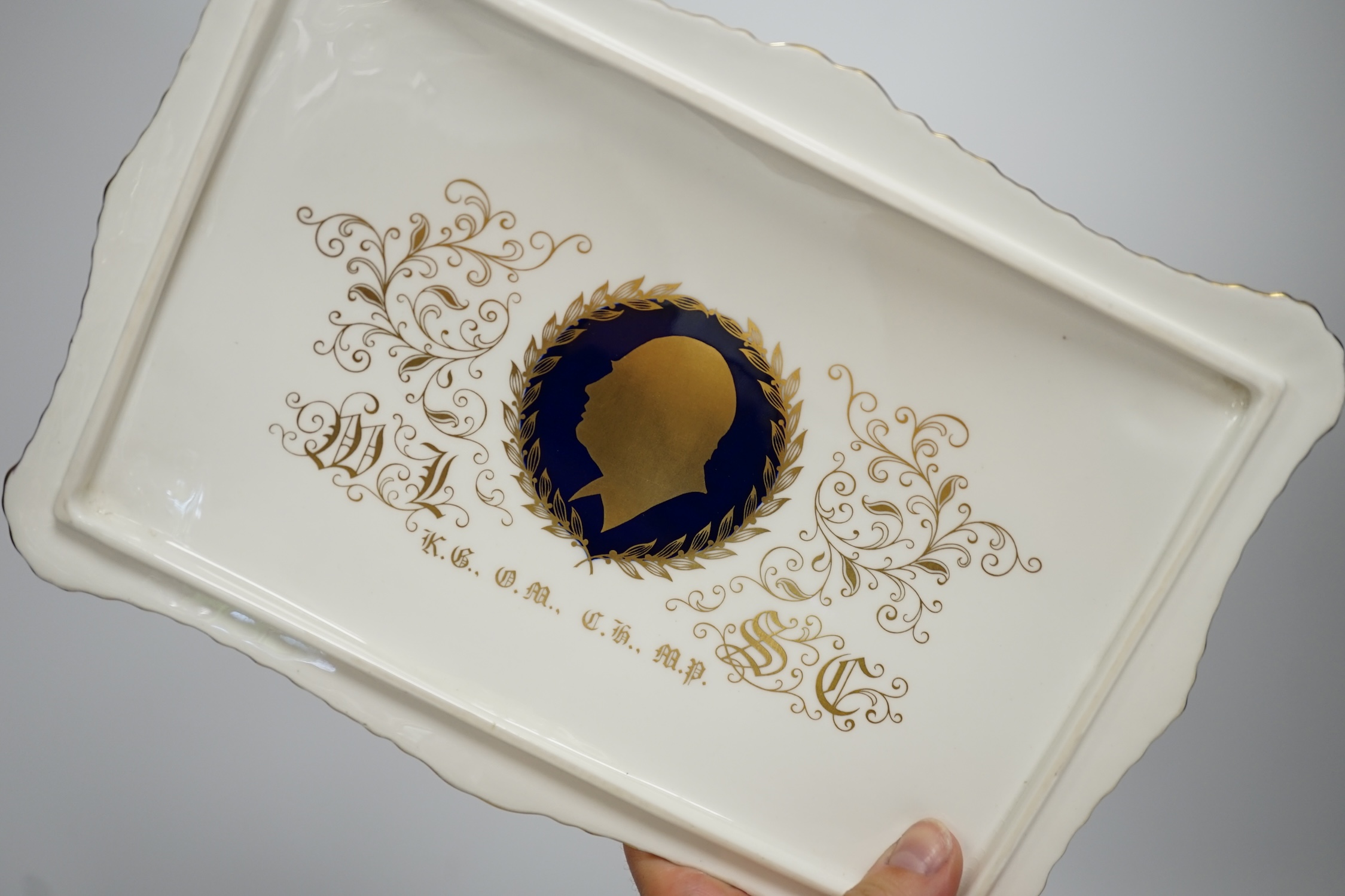 A Paragon China centenary cigar box commemorating Sir Winston Leonard Spencer Churchill's life, 26cm wide. Condition - good